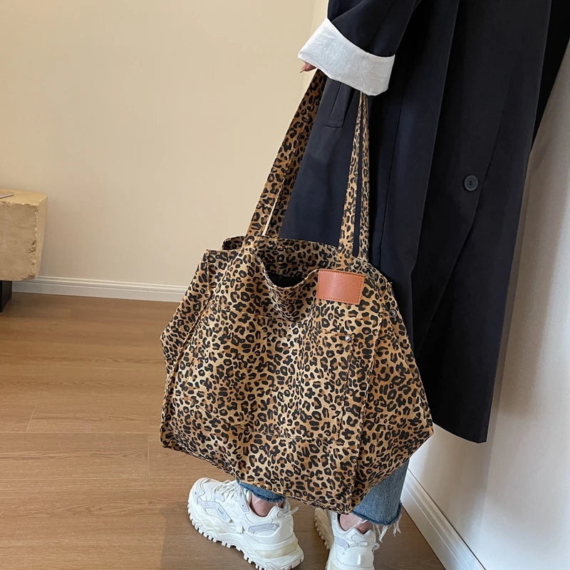Bolsa de ombro com estampa de leopardo, grande, para mulheres, de lona deformável, grande capacidade, sacola de compras, novas bolsas de luxo