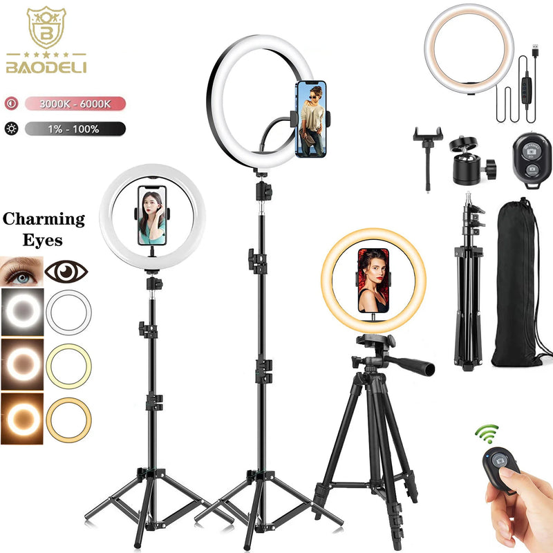 Anel de luz led para selfie, 10 ", 26cm, fotografia, luz de vídeo, suporte para telefone, tripé, luz de preenchimento, lâmpada regulável, trepied streaming