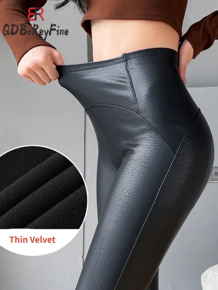 Sexy emagrecimento calça de couro do plutônio feminino inverno outono preto calças de cintura alta estiramento macio fino