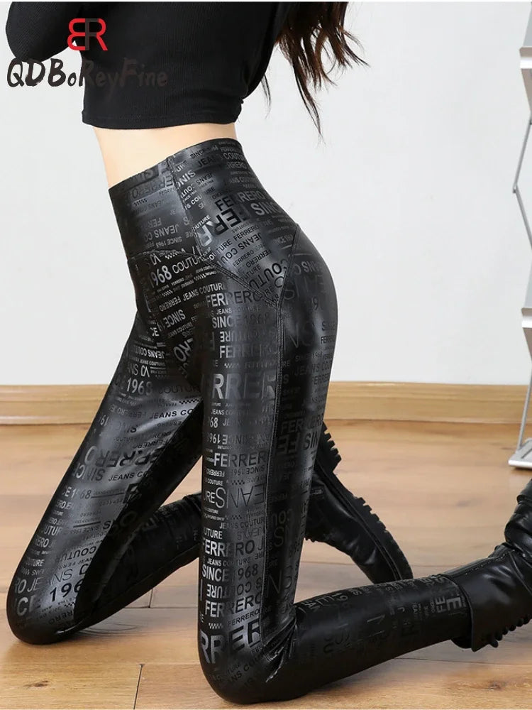 Sexy emagrecimento calça de couro do plutônio feminino inverno outono preto calças de cintura alta estiramento macio fino